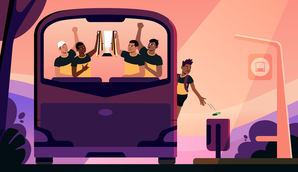 Still from the animated campaign: young people travelling together.