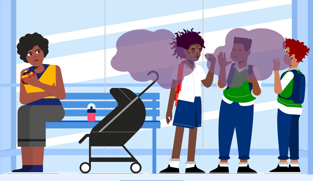 Still from the animated campaign: young people vaping at a bus stop.