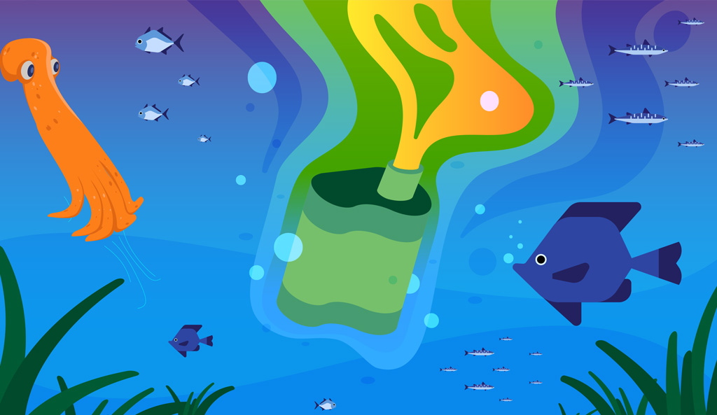 Still from the animated campaign: what vaping puts into the water and the air.